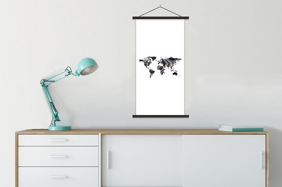 Wanddecoratie - Wereldkaart - Goud - Lijn - Schoolplaat - 60x120 cm - Textielposter - Textiel poster