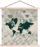 Affiche scolaire - Wereldkaart - Fleurs - Plantes - 60x60 cm - Lattes vierges