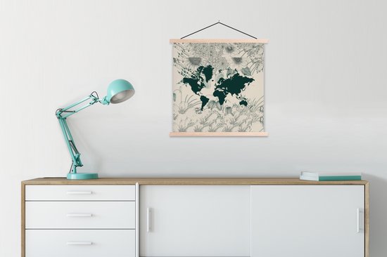Affiche scolaire - Wereldkaart - Fleurs - Plantes - 60x60 cm - Lattes vierges