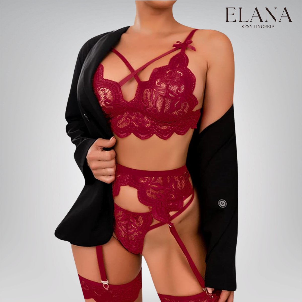Elana Sorina – Luxe Kant Lingerie Set met Bh, String & Jarretels – Verleidelijke Dames Lingerie – XL – Donkerrood