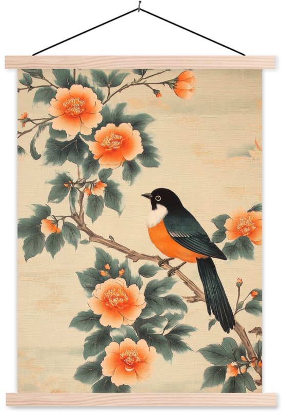 Accroche-affiche incl. Affiche 40x53 cm - Affiche scolaire - Oiseau - Branche - Fleurs - Orange - Affiche textile - Lattes blanches