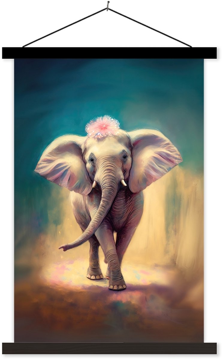 Schoolplaat - Olifant - Dieren - Bloemen - Verf - Portret - Muurdecoratie - 40x60 cm - Tex