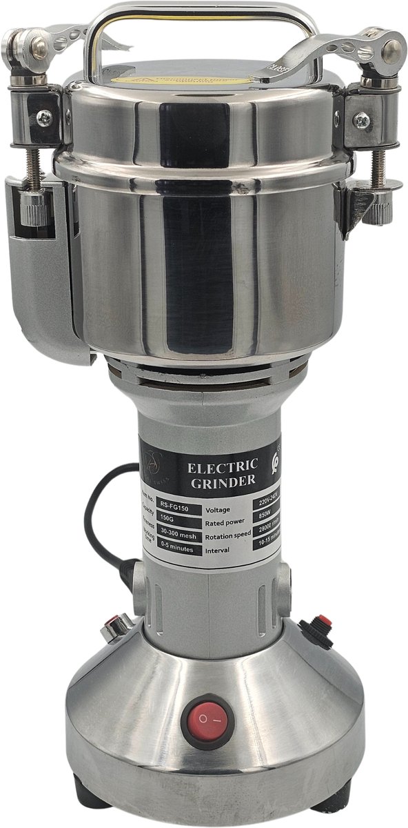 Royal Swiss® Elektrische Kruidenmolen – 850W – Compacte RVS Droogmolen 150g – 6 Messen – 28.000 RPM – Koffie-, Noten- & Specerijenmolen