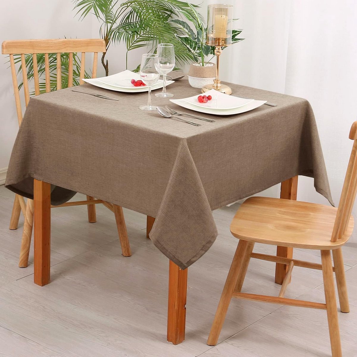 Waterafstotend Rechthoekig Tafelkleed in Linnenlook - Kaki - 135x135 cm