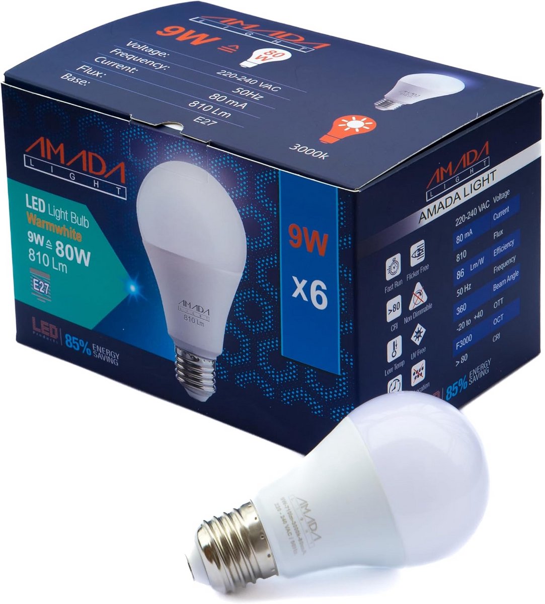 Energiebesparende LED-gloeilampen E27, 9 W (vervangt 80 W), warmwit 3000 K, verpakking van 6 stuks