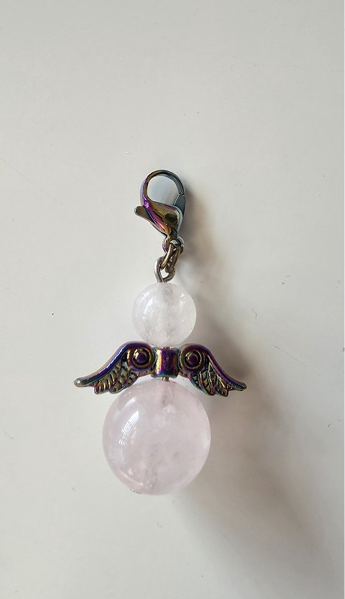 Beschermengel Rozenkwarts Hanger met een meerkleurig vleugeltje, tashanger, sleutelhanger, geluksengel, kerstengel, kersthanger, kerst ornament, cadeau, autodecoratie, geluksengel, bescherm engel, engel, edelsteen, spiritueel, babyshower .