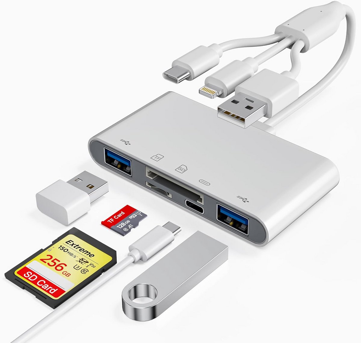 Universele 5-in-3 Geheugenkaartlezer SD TF voor USB-C Lightning en Standaard USB
