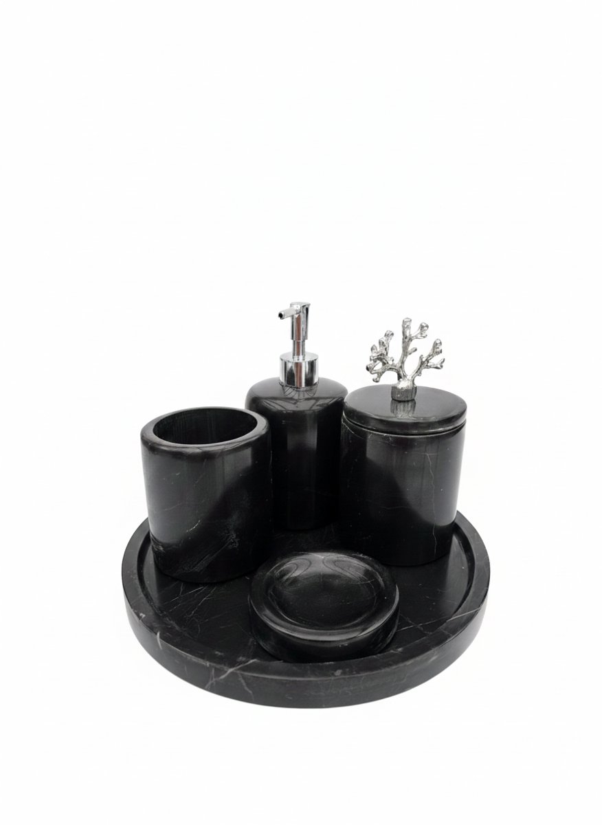 Marmer Badkameraccessoires Set – 5-delig – Natuursteen – Zwart – Luxe Afwerking met Zilverkleurige Details