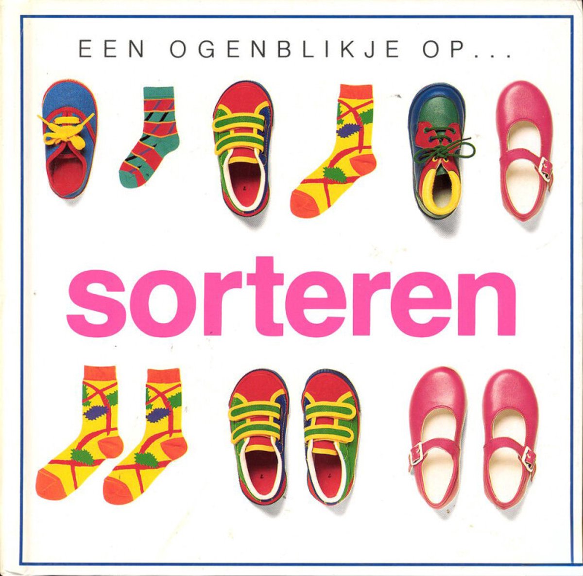 Kleurrijke sokken en schoenen in diverse patronen en kleuren, met de titel 'sorteren'