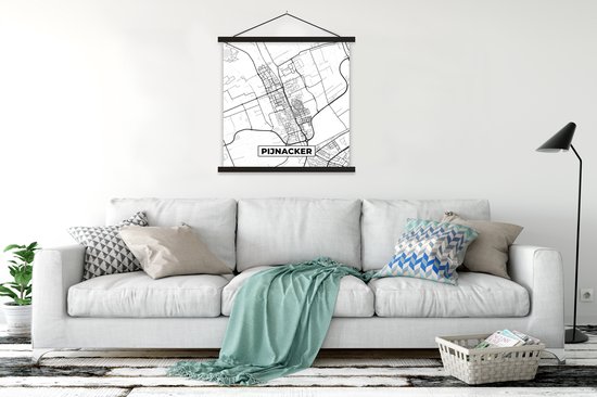 Posterhanger incl. Poster 90x90 cm - Schoolplaat - Kaart - Pijnacker - Zwart - Wit - Textielposter - Zwarte latten