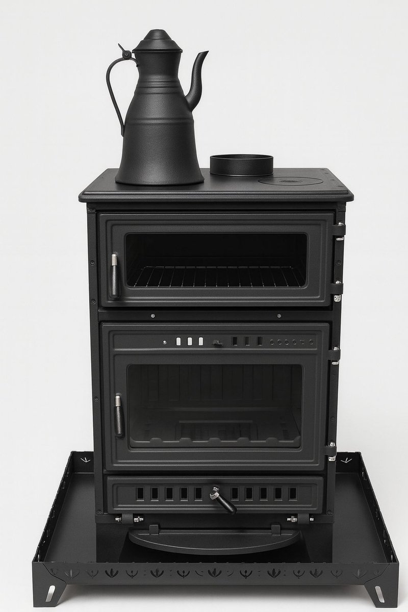 S107 Sabah Open Haard Met Oven – Houtkachels – Gietijzer Haardkachel- Mat Zwart – 15,87 KW – Inclusief Kachelpijpen, Bakplaat, Ovengrill, Haak en Schraper -Zwart