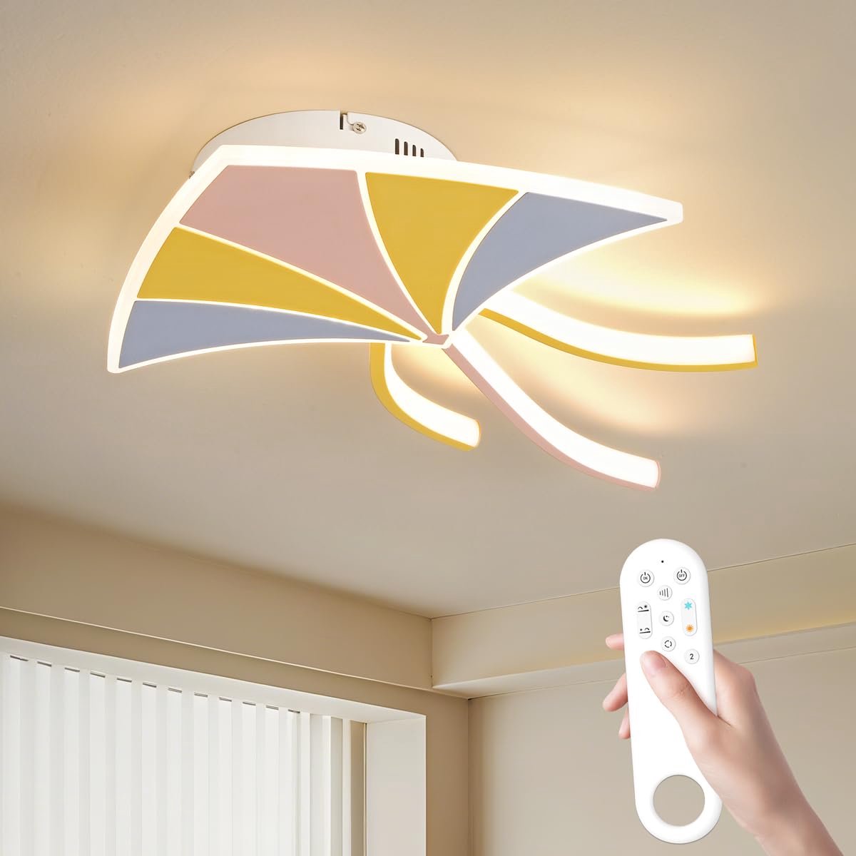 Epochglo LED Plafondlamp Kinderkamer - Vlieger Design 53cm (Mix van Roze, Oranje & Blauw) met Decoratieve Staart - 26W 2600LM - Dimbaar (3000K-6000K) - Afstandsbediening, Nachtlampje & Timer - Vrolijke Slaapkamerlamp voor Jongens & Meisjes
