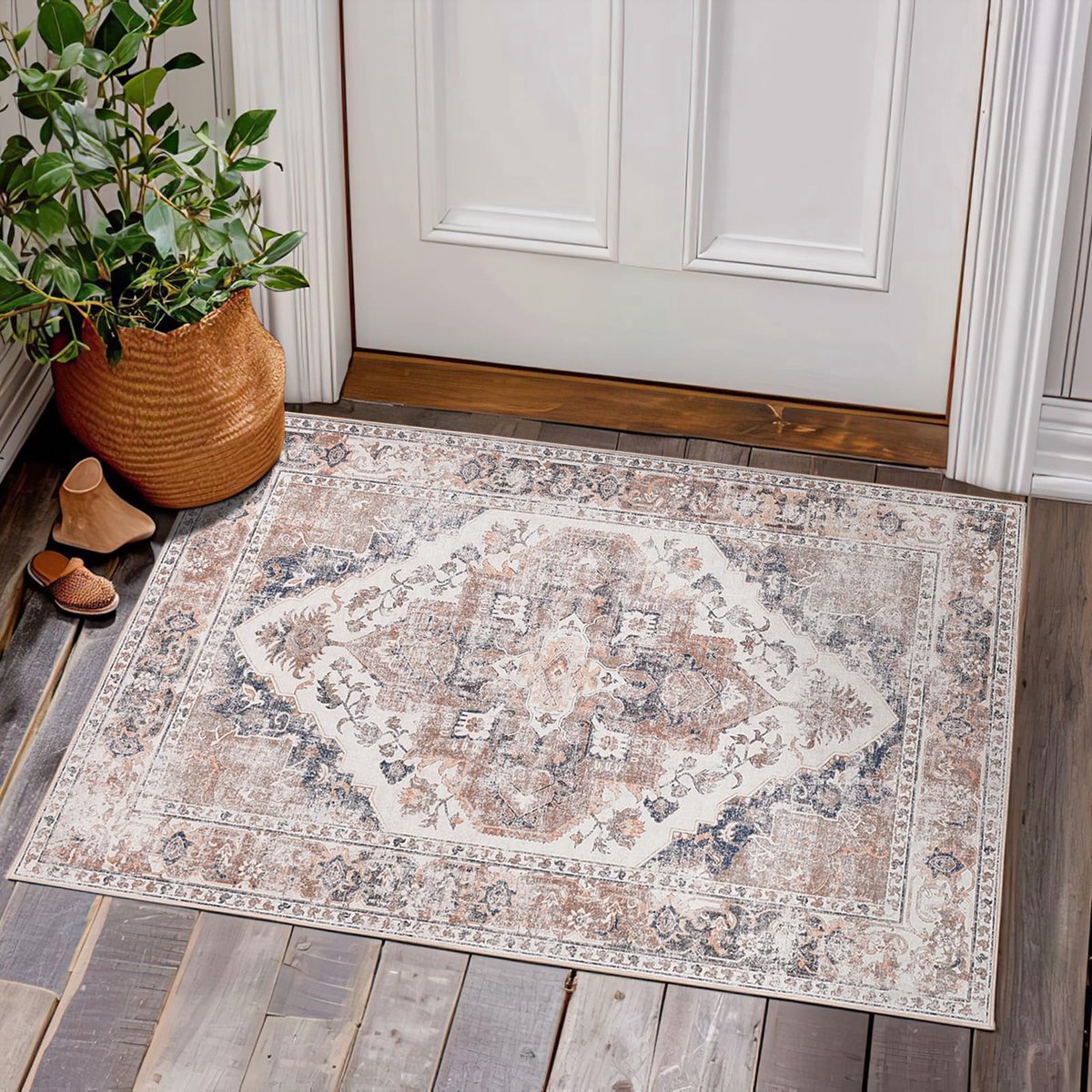 Stunq® Wasbare Vintage Deurmat met Oosters Bloemmotief voor Binnengebruik, 60x90 cm, Antislip, Lichtrood