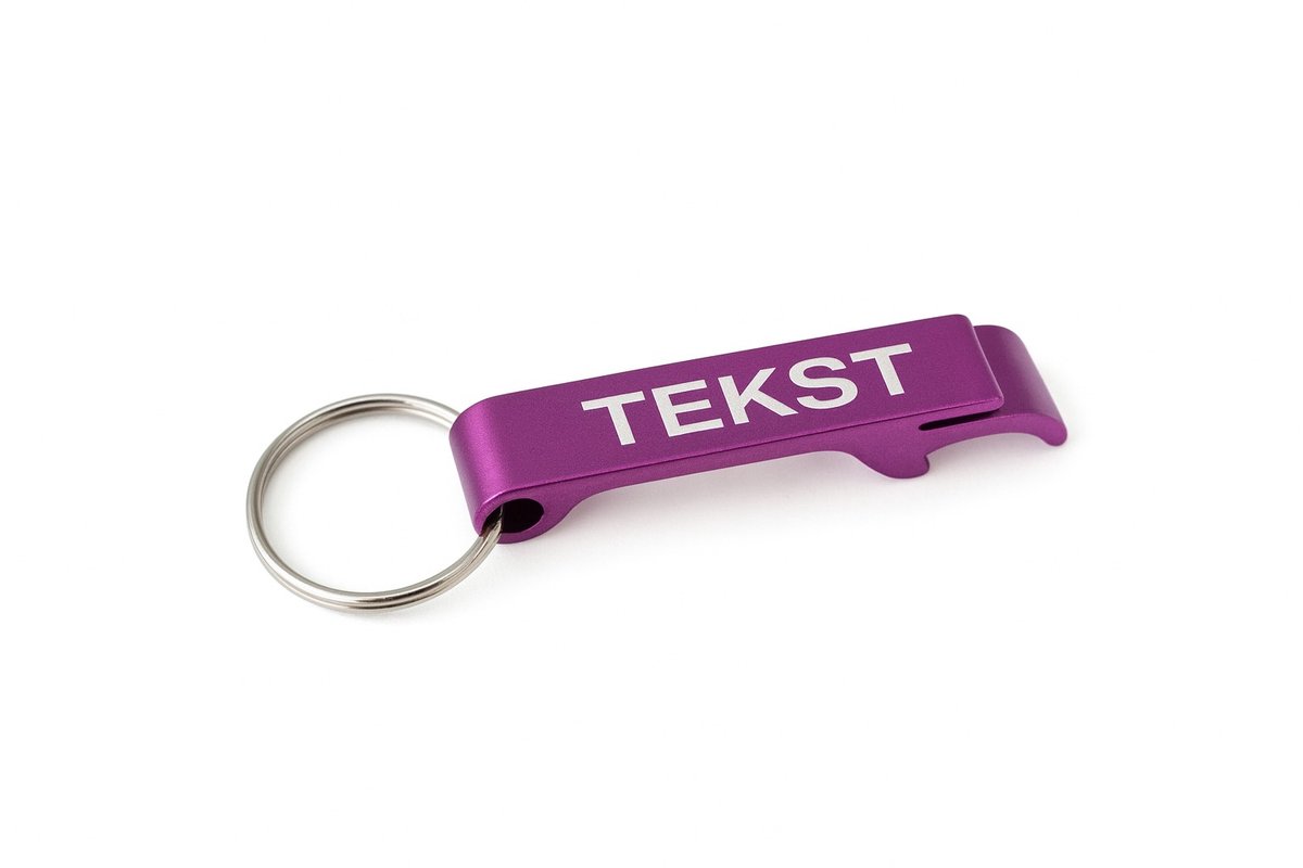 Sleutelhanger Flesopener – Aluminium – Gepersonaliseerd met Tekst – Paars-6cm x 1cm