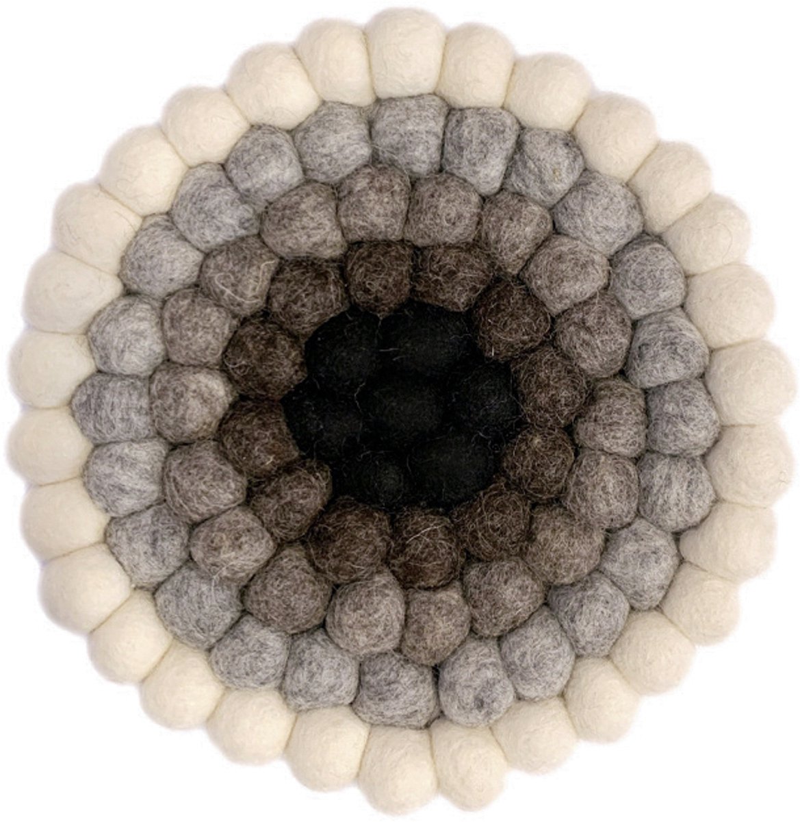 Vilten bolletjes onderzetter - diameter 20cm - Kleurverloop - zwart, bruin, beige, lichtgrijs, wit