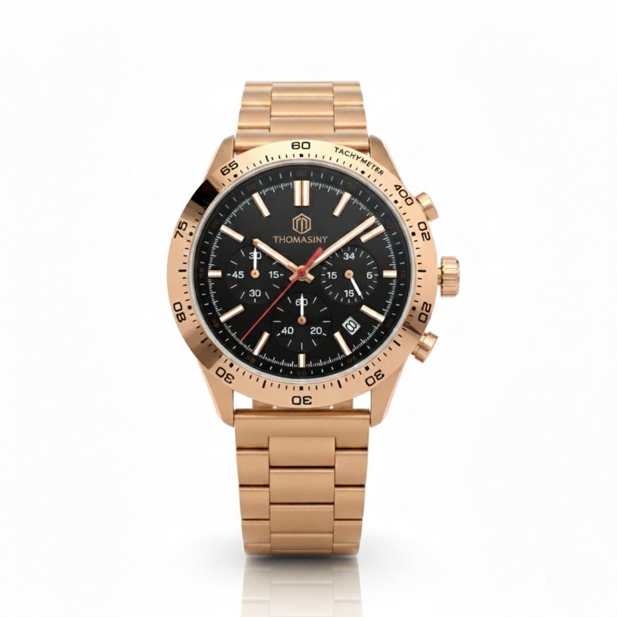 THOMASINY CHRONOGRAAF® MIDNIGHTROSEGOLD Horloge - Heren - Roségoud-Zwart Met Roségouden Accenten - Roségoudkleurige Stalen Band