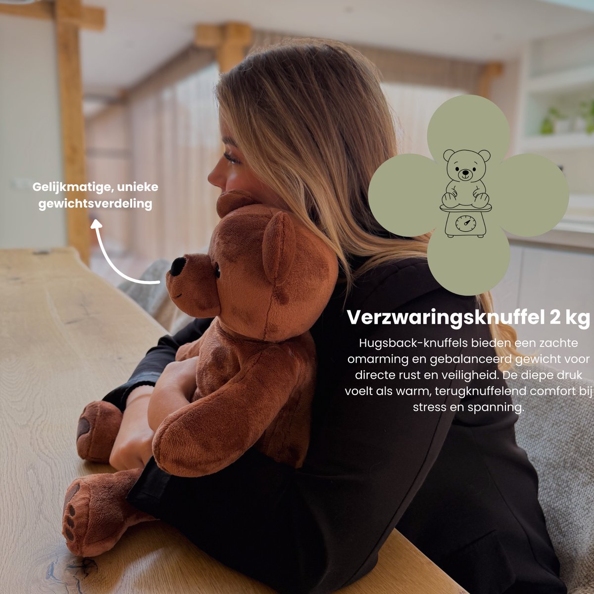 Hugsback 2 kg Verzwaringsknuffel Beer – Verzwaarde Knuffel 45cm – Weighted Stuffed Animal – Zware Knuffel tegen Stress & Angst – Sensorisch Speelgoed – Knuffelbeer voor Kinderen & Volwassenen — afbeelding 3