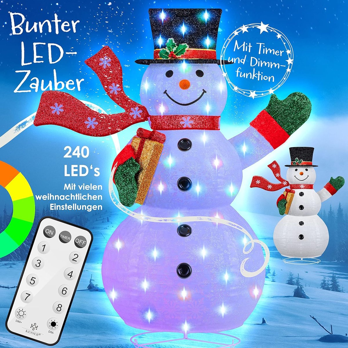 Luxe LED Sneeuwpop 240 cm – XXL Verlichte Kerstfiguur met Afstandsbediening, 8 Lichtmodi, 24H Timer, Warm Wit, IP44 Weerbestendig, Inclusief Haringen en Stevige Metalen Constructie – Tuin & Binnen Kerstdecoratie – Nuvanohome