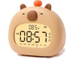 longziming -Kinderwekker Capybara – Digitaal Nachttischwecker met Nachtlicht, 3 Instelbare Alarmen, LED Datum/Uur/Temperatuur Display, Oplaadbaar – Perfect voor Jongens en Meisjes