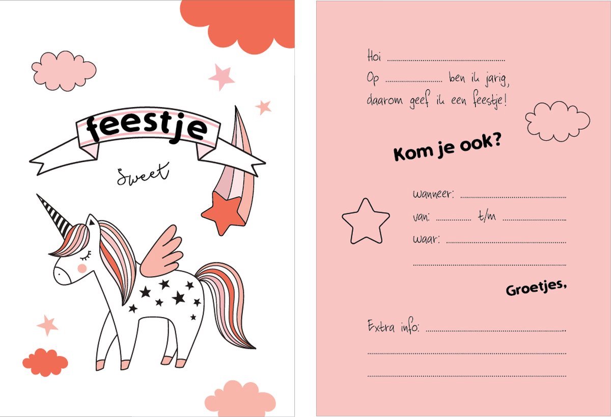 Uitnodiging kinderfeestje Unicorn - eenhoorn - 10 stuks - meisje - roze