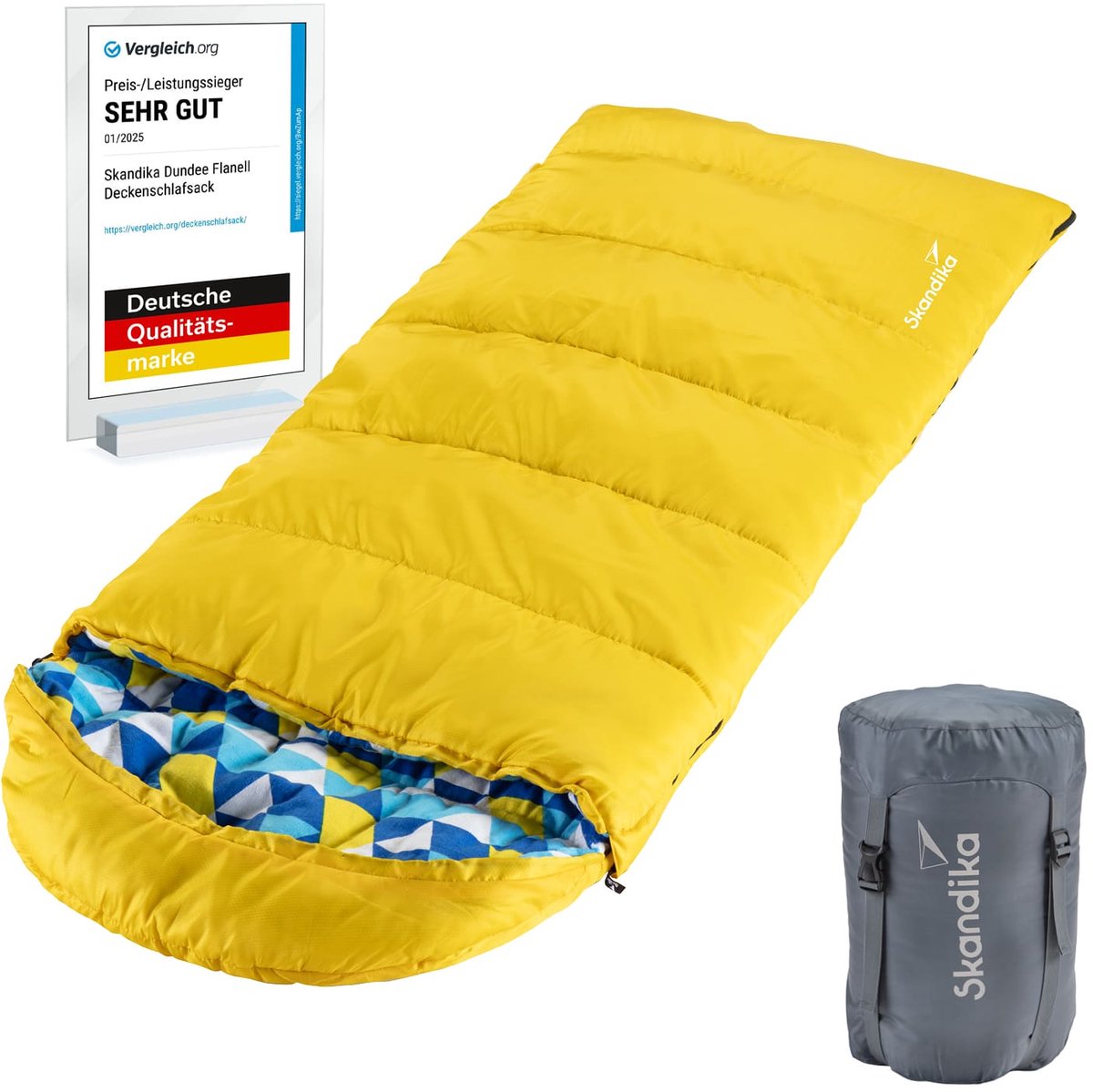 Skandika Dundee Junior Kinderslaapzak – Slaapzakken kinderen - Outdoor kampeerslaapzak voor kinderen met draagtas – Flanellen voering van katoen – Zacht materiaal – Waterafstotend – Comfort bereik van 13 tot 3°C 175 x 70 cm - geel/flanell blauw