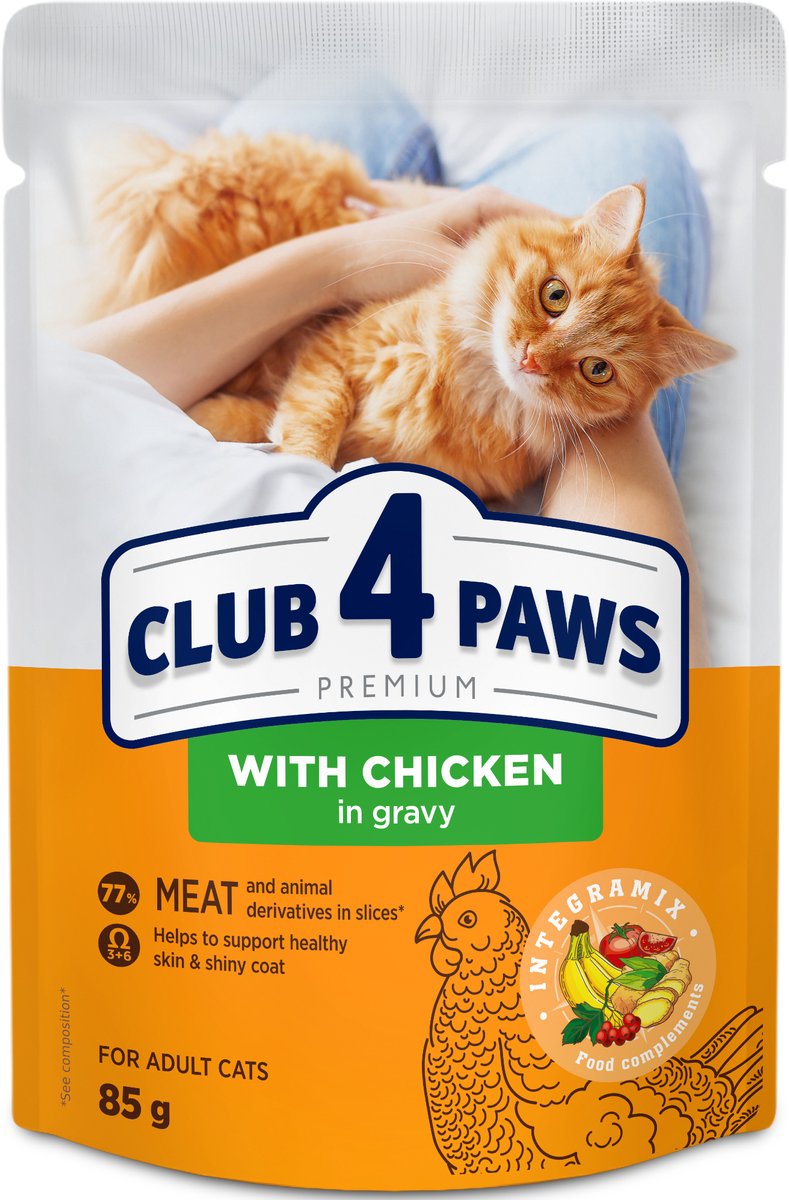 Club 4 Paws Natvoer Katten CLUB 4 PAWS - Kip in Jus - 24x85gr, Compleet Voeding met Omega 3 & 6