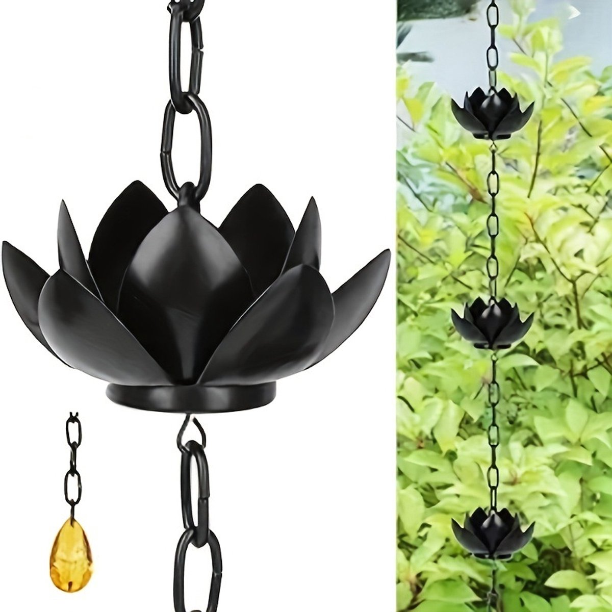 Eikenblad Regenketting met Adapter - 8,5 ft verstelbare Lotos Regenvangketting - voor gevelgoten buitenafvoerbuizen - voor waterafleiding en huisdecoratie