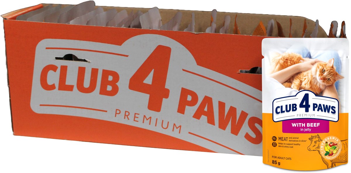 Kattenvoer Club 4 Paws - Rundvlees in Gelei - 24x85g, Compleet Natvoer met Omega Vetzuren