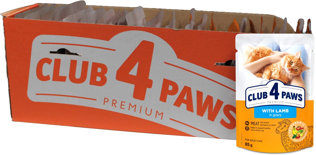 Natvoer Katten Club 4 Paws - Lam in Jus - Compleet 24x85gr, Omega 3 & 6