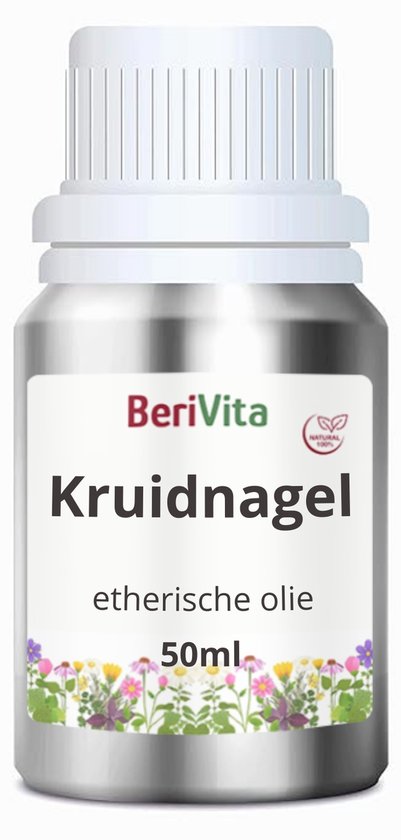 BeriVita Kruidnagel etherische olie 50ml in aluminium flesje met witte dop en bloemenrand.