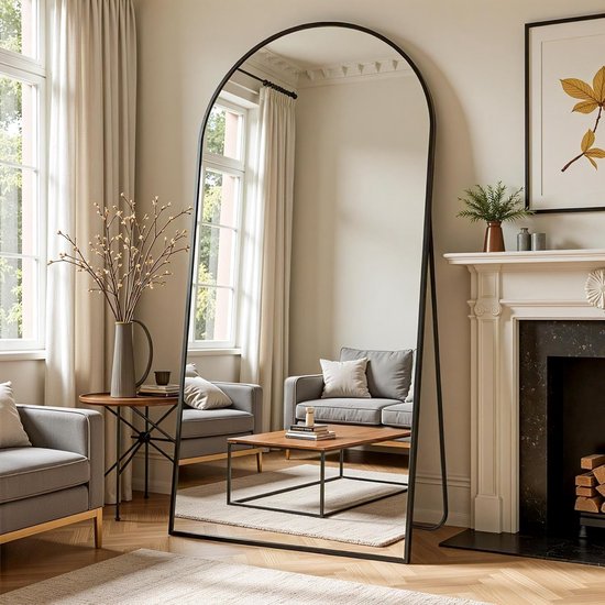 Weare Home Boogvormige staande spiegel, 165 x 60 cm, grote staande spiegel met aluminium frame, om op te hangen of te staan, staande spiegel voor woonkamer, slaapkamer (goud