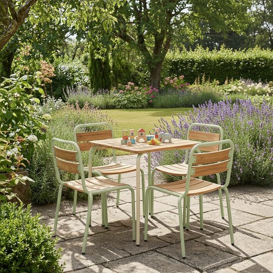 sweeek - Stalen kindertuintafel met houtdecor en 4 stoelen - suzie van Merkloos — afbeelding 2