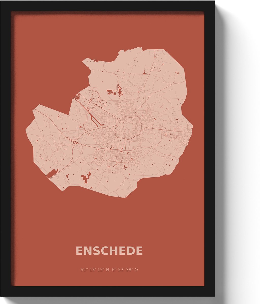 Poster Enschede A2 - 42 x 59,4 cm - Rood Inclusief lijst (Zwart MDF)