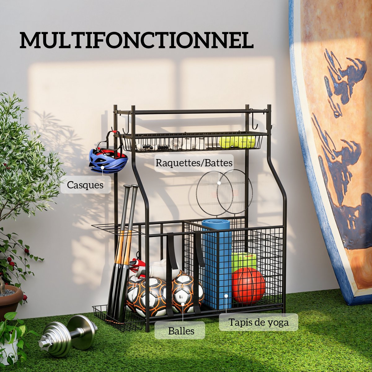 SPORTNOW - Organizer voor sportartikelen - Metaal - 92x42x109cm - Zwart — cadeau in Sport & Outdoor - foto 6
