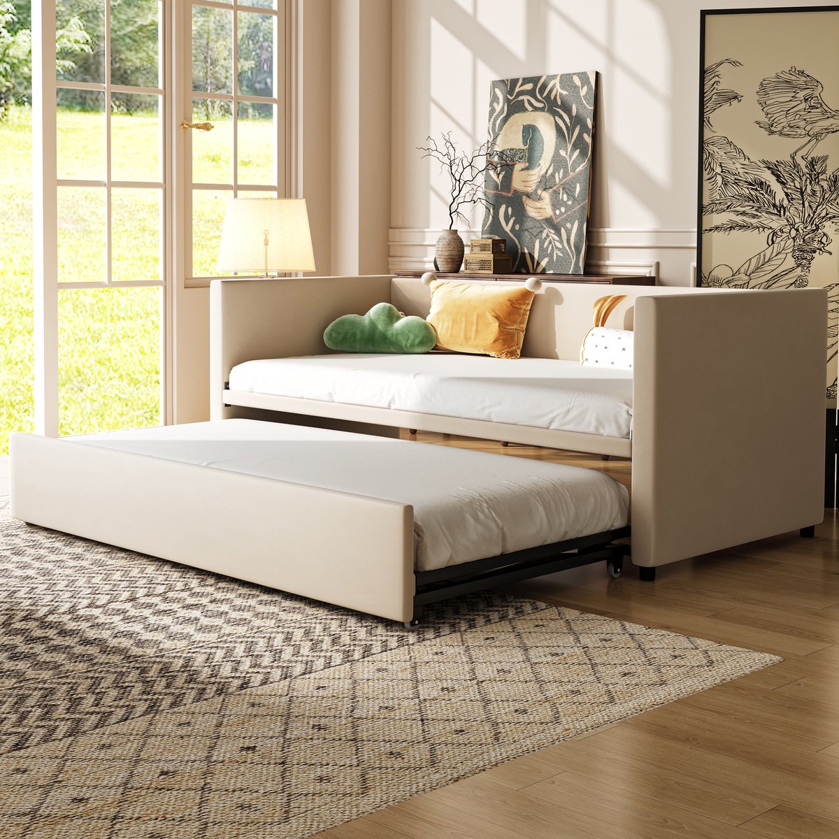 Wishdor Uitschuifbaar Gestoffeerd Slaapbankframe - Met Lattenbodem - Fluweel - Beige - 90x200 cm Tot 180x200 cm