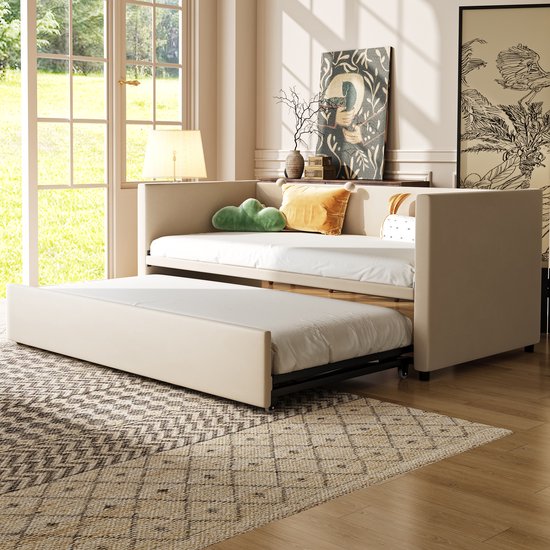 Wishdor – Uitschuifbaar Slaapbankframe 90/180x200 cm – Inclusief Lattenbodem – Zachte Stoffering – Ruimtebesparend – Fluweel – Beige