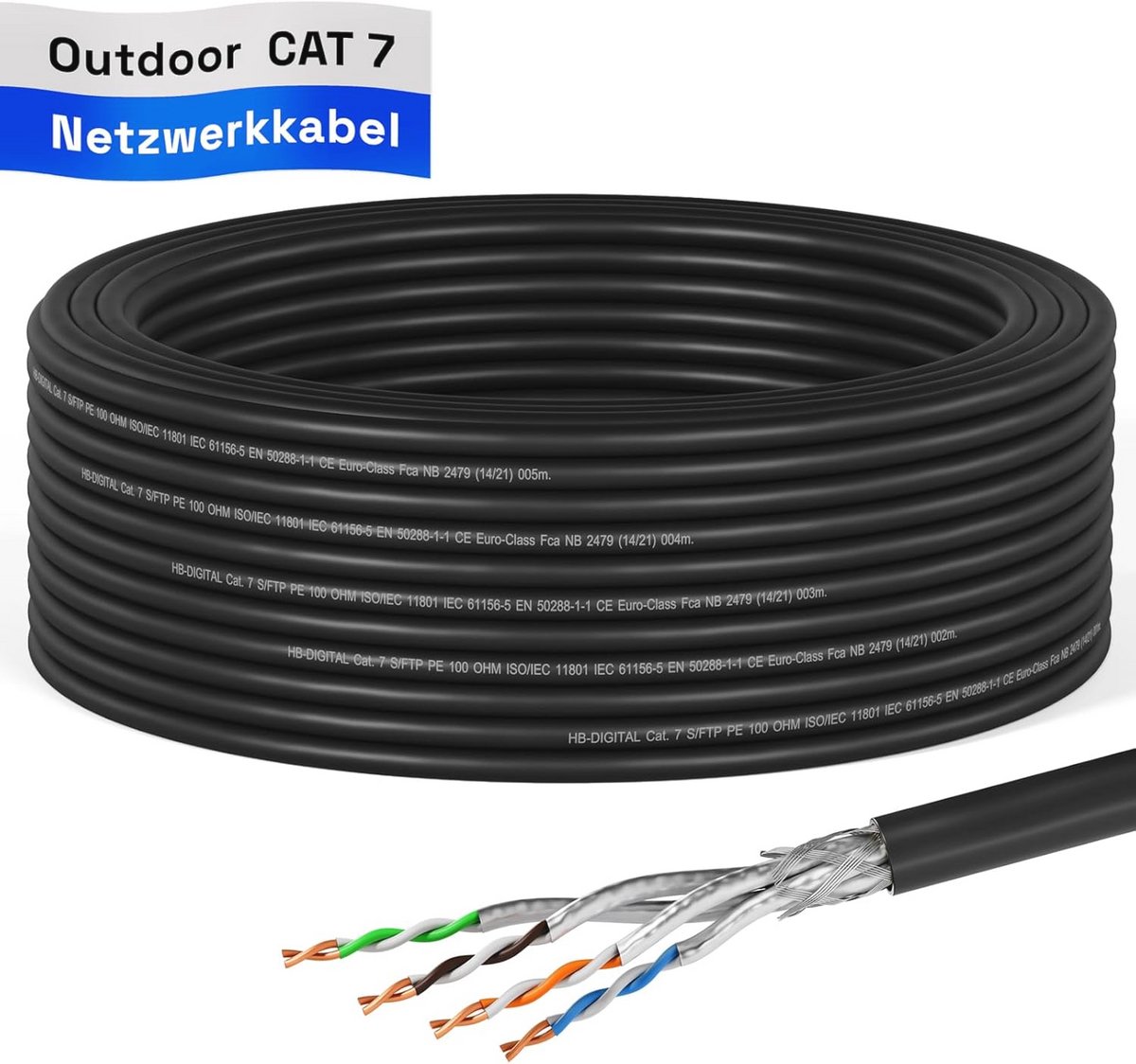 15 m CAT 7 Installatiekabel Buiten, 1000 MHz, 10 Gbit, Dubbel Afgeschermd, Zuiver Koper