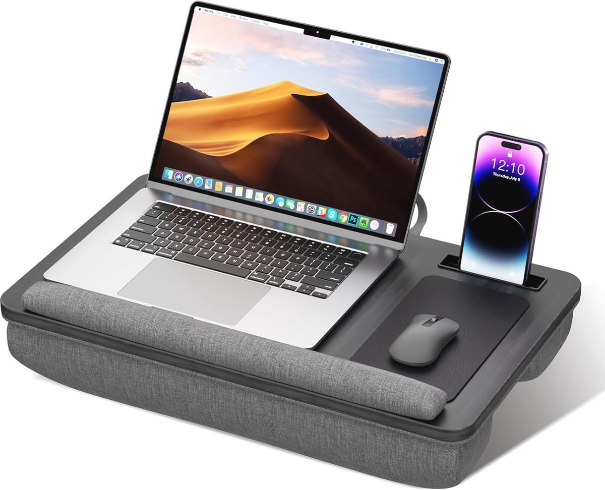 Draagbaar laptopkussen tot 17 inch met antislip en telefoonhouder