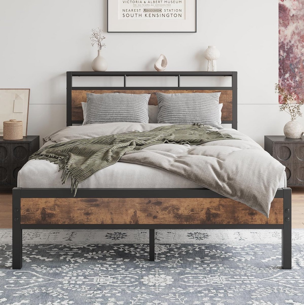 Eenpersoonsbedframe met houten opbergplank en metalen platform - geluidsvrij en sterk