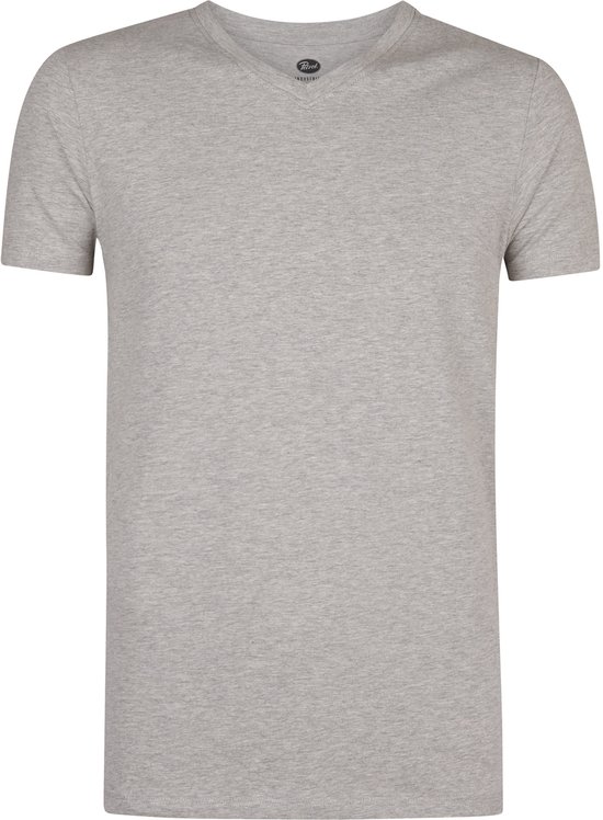 Effen lichtgrijs T-shirt met V-hals en korte mouwen.