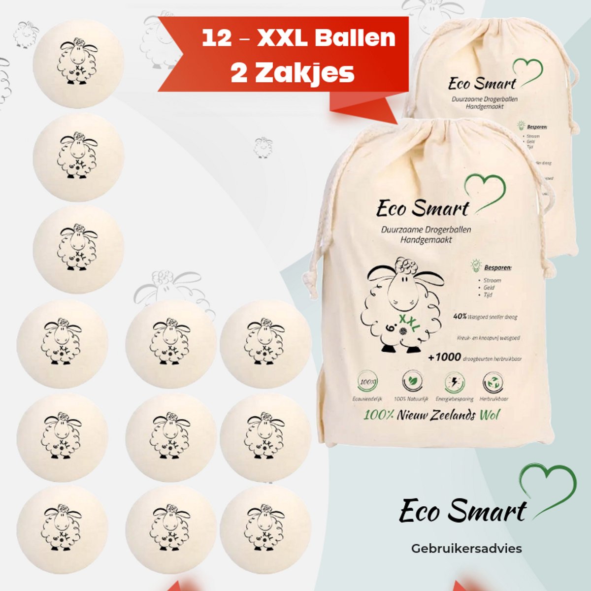 Eco Smart Drogerballen 12XXL - Duurzaame Wol Drogerballen - wasdrogerballen - 100% Nieuw-Zeelandse Schapen Wol - energiebesparende producten 12 stuks