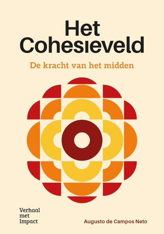 Boek "Het Cohesieveld" met abstract geometrisch patroon in rood, oranje en geel.