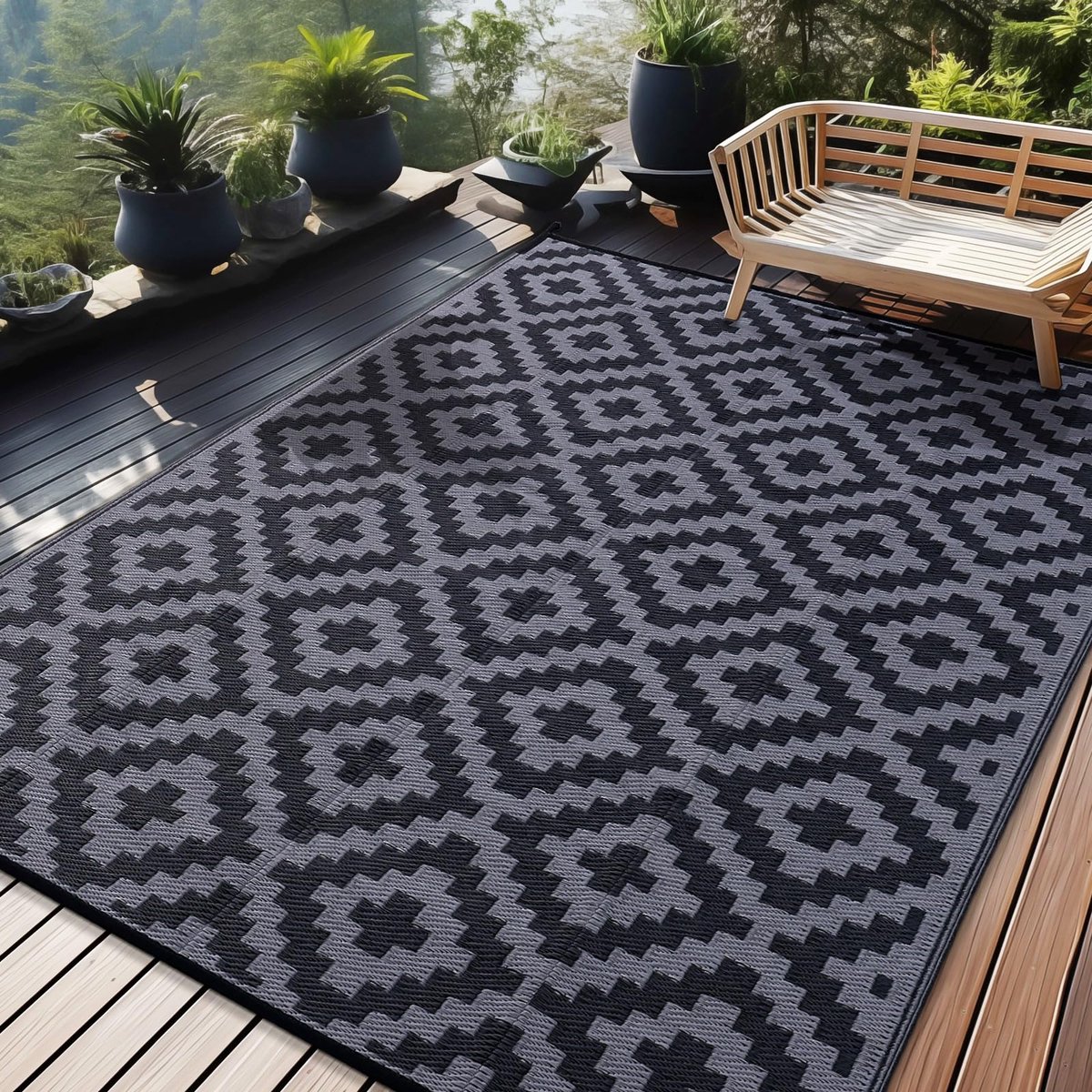 Buitenkleden - Waterdicht buitenkleed - Tuinkleden-Antislip,omkeerbaar,UV-bestendig,Gemakkelijk schoon te maken - zwart en grijs - 5*8ft(152*244cm)