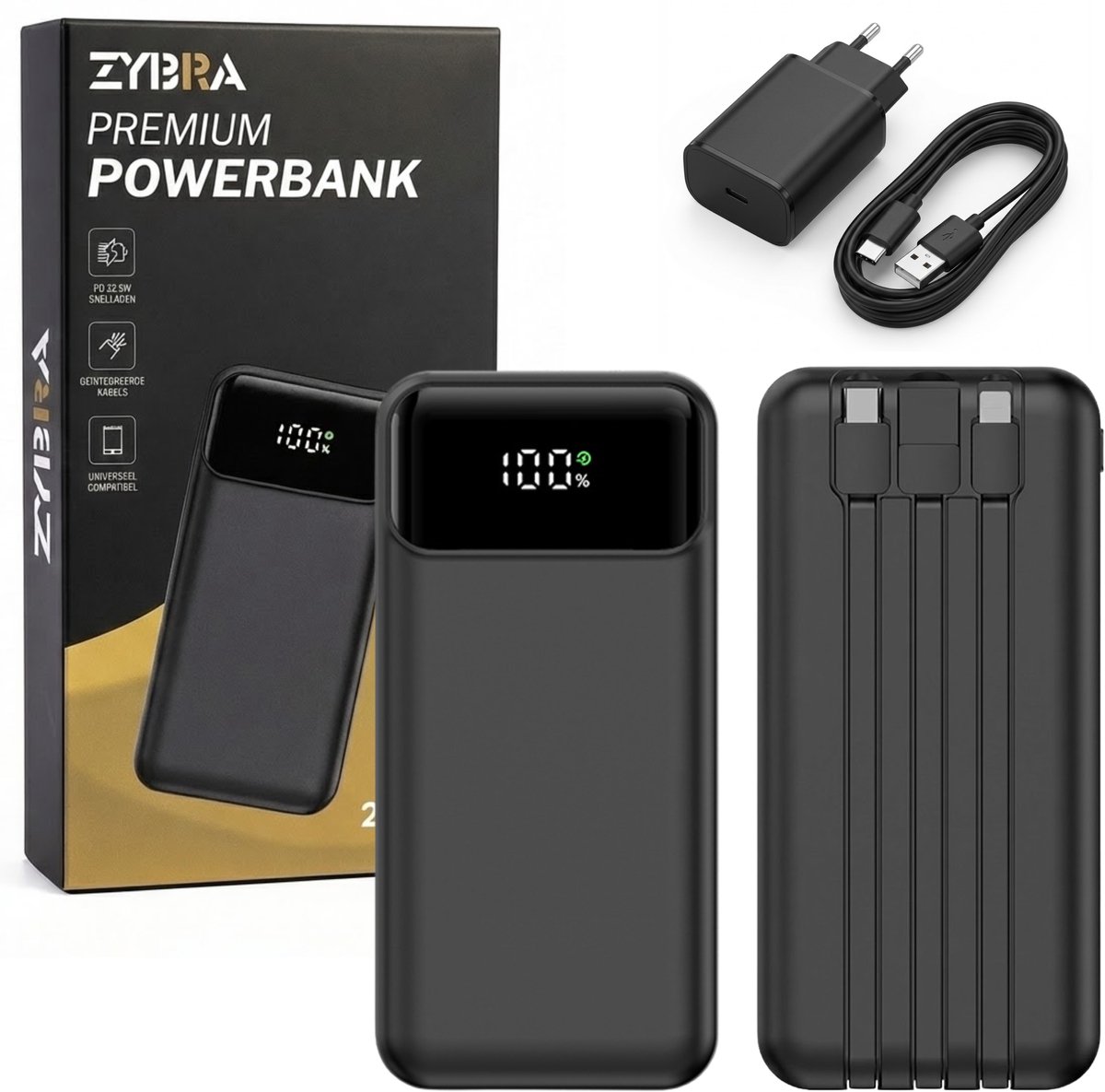 Zybra® Powerbank 20000 mAh Snellader met Ingebouwde Kabels - Zybra® - €24,95