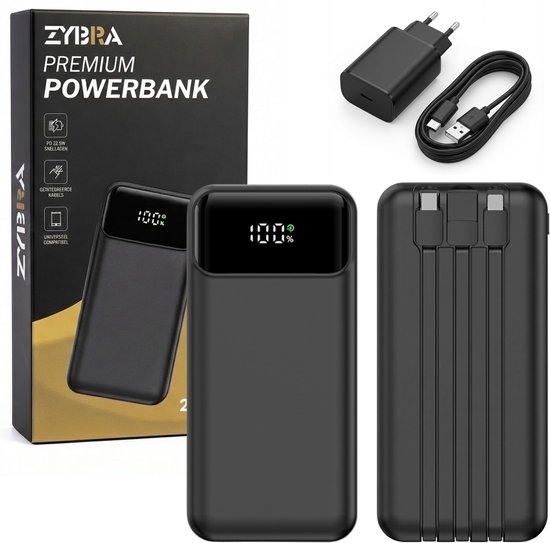 Zybra® Powerbank 20000 mAh – Batterie Externe Charge Rapide 22,5 W – USB-A / USB-C / iOS – Indicateur LED – Universelle – Câbles Intégrés – Kit d’Urgence