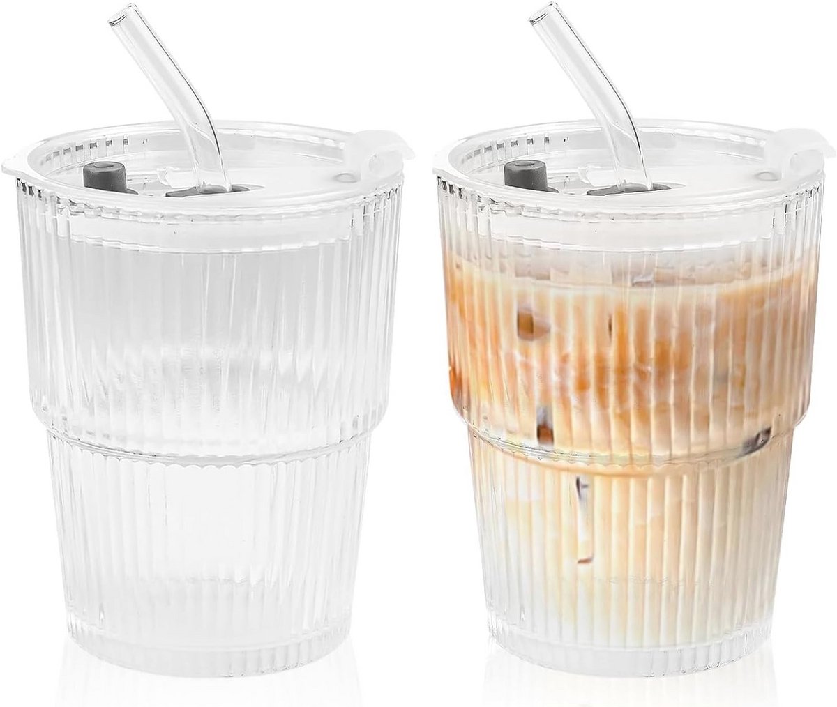 Glazen bekers met deksel en rietje - 2 stuks, 400 ml, ideaal voor warme en koude dranken