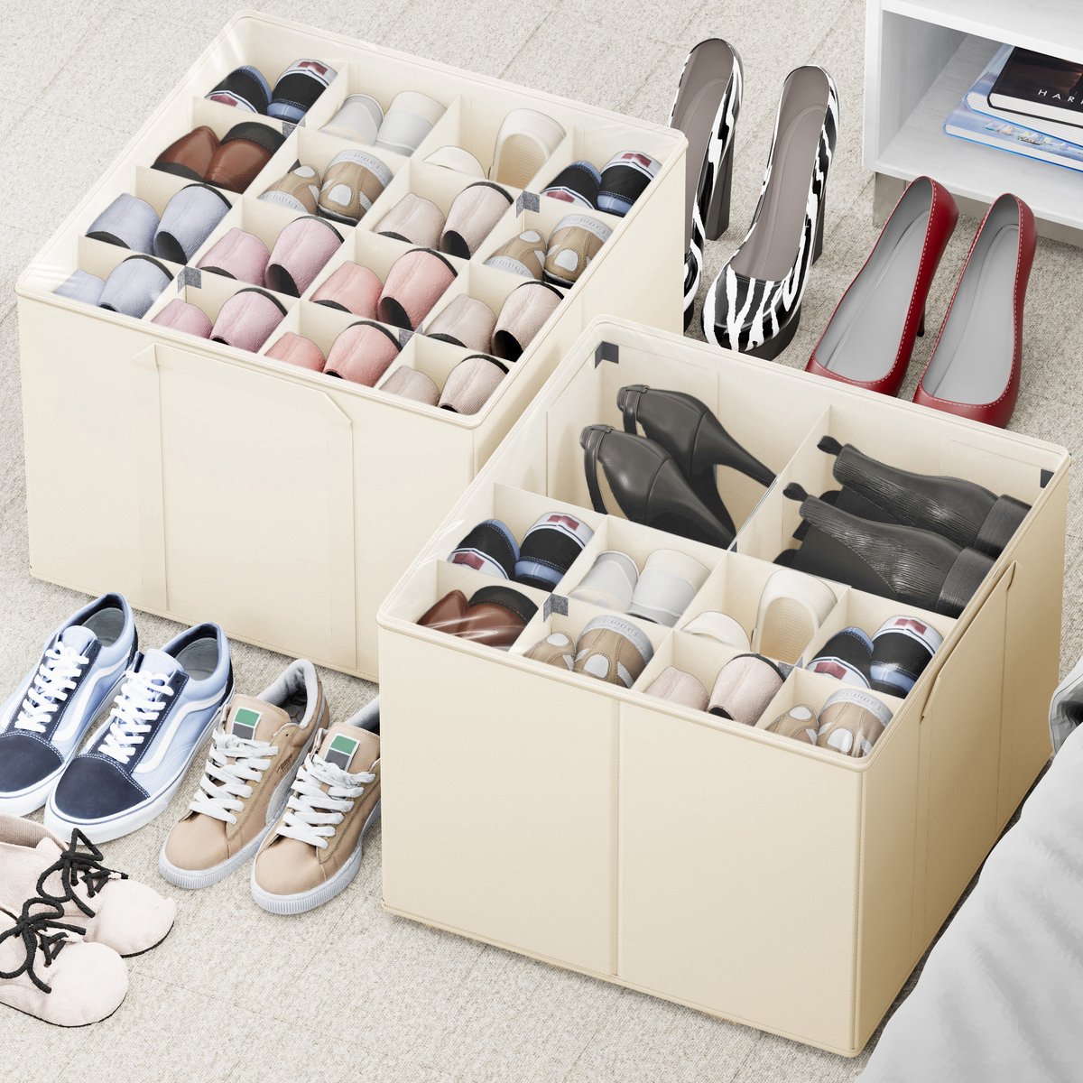 SpaceAid Schoenenorganizer voor Kasten (2 Stuks), Vouwbare Schoenenopslagbakken met Instelbare Delers, Past 16-32 Schoenenparen – Beige