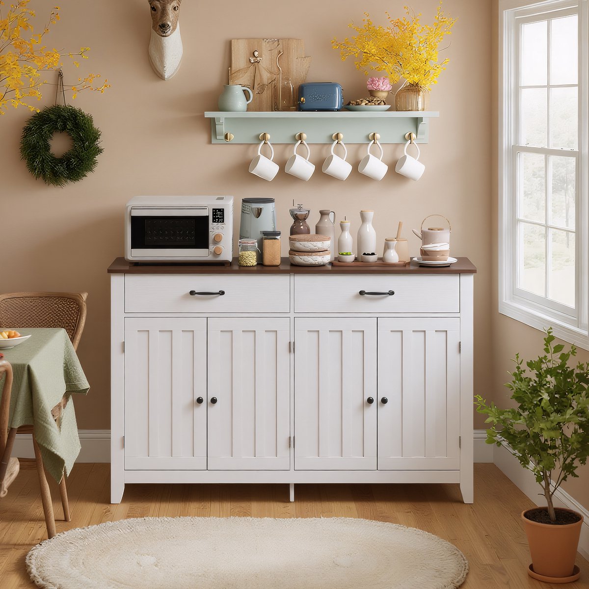 Xbro Keukenkast met 2 Lade en 4 Deuren – Buffetkast met Planken en Open Vak – Voor Keuken, Eetkamer of Woonkamer – 140 x 40 x 90 cm – Retro