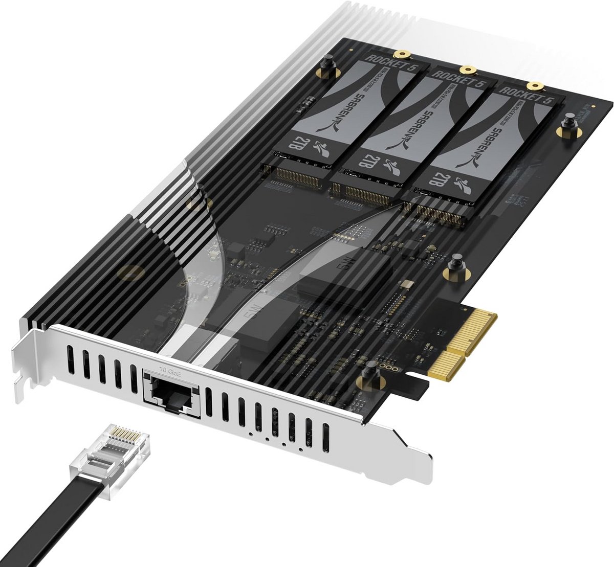 PCIe Kaart met 3x M.2 NVMe SSD Slots en 10GbE Netwerkadapter
