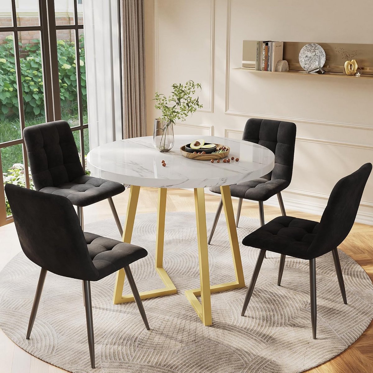 Eettafelset 5-delig met fluwelen stoelen en marmeren tafelblad - 80 cm rond MDF tafel met verstelbare poten